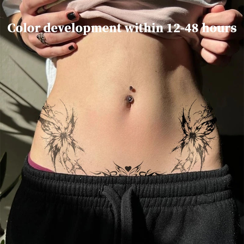 Y2K Gothic Butterfly Herbal Juice Tattoo Sticker Waterproof Semi Permanent Temporary Tattoos For Women Waist Abdomen Body Art