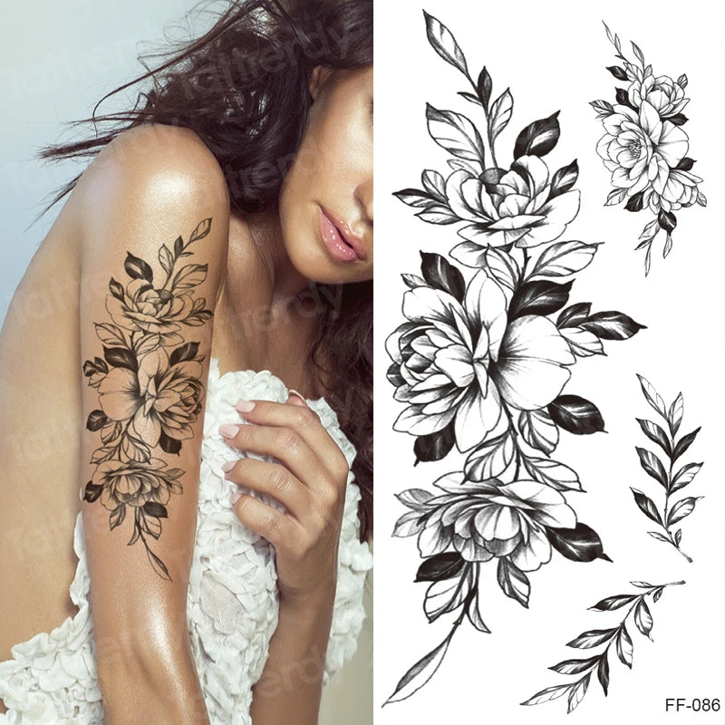 Temporary Tattoo Black Flower Tattoo Sleeves Water Transfer Tatoo Sticker Peony Rose Tattoos Body Art Sexy Tatoo Girl Arm Legs