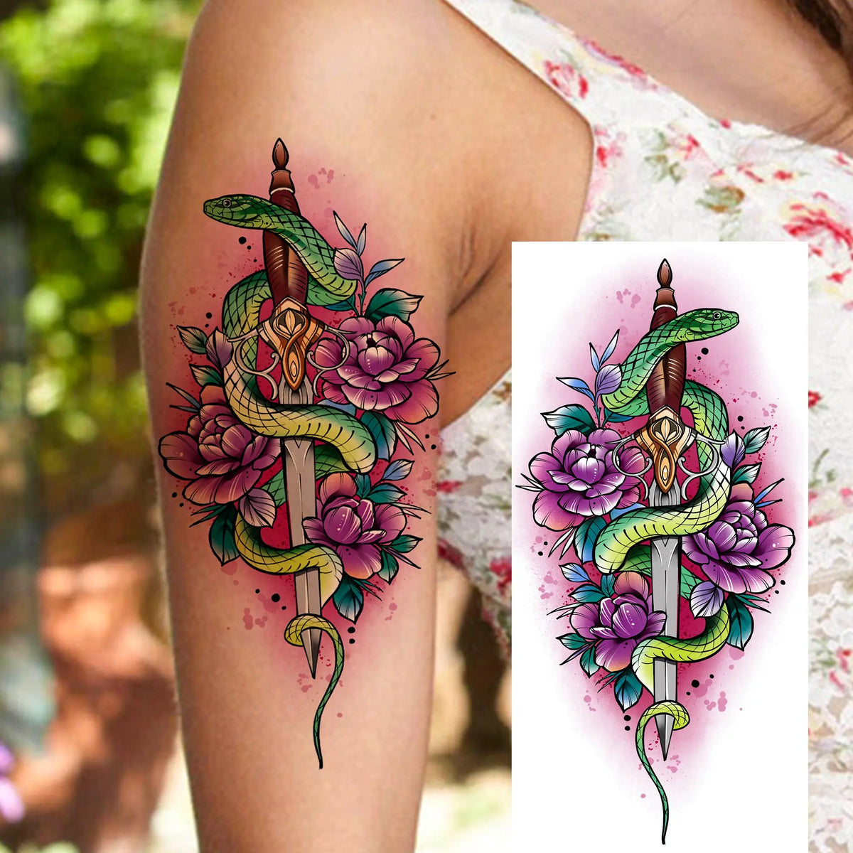 1 Sheet Snake With Rose Flowers Temporary Tattoos For Women Girls Waterproof Realistic Fake Tattoos Long Lasting Arm Leg Sticker