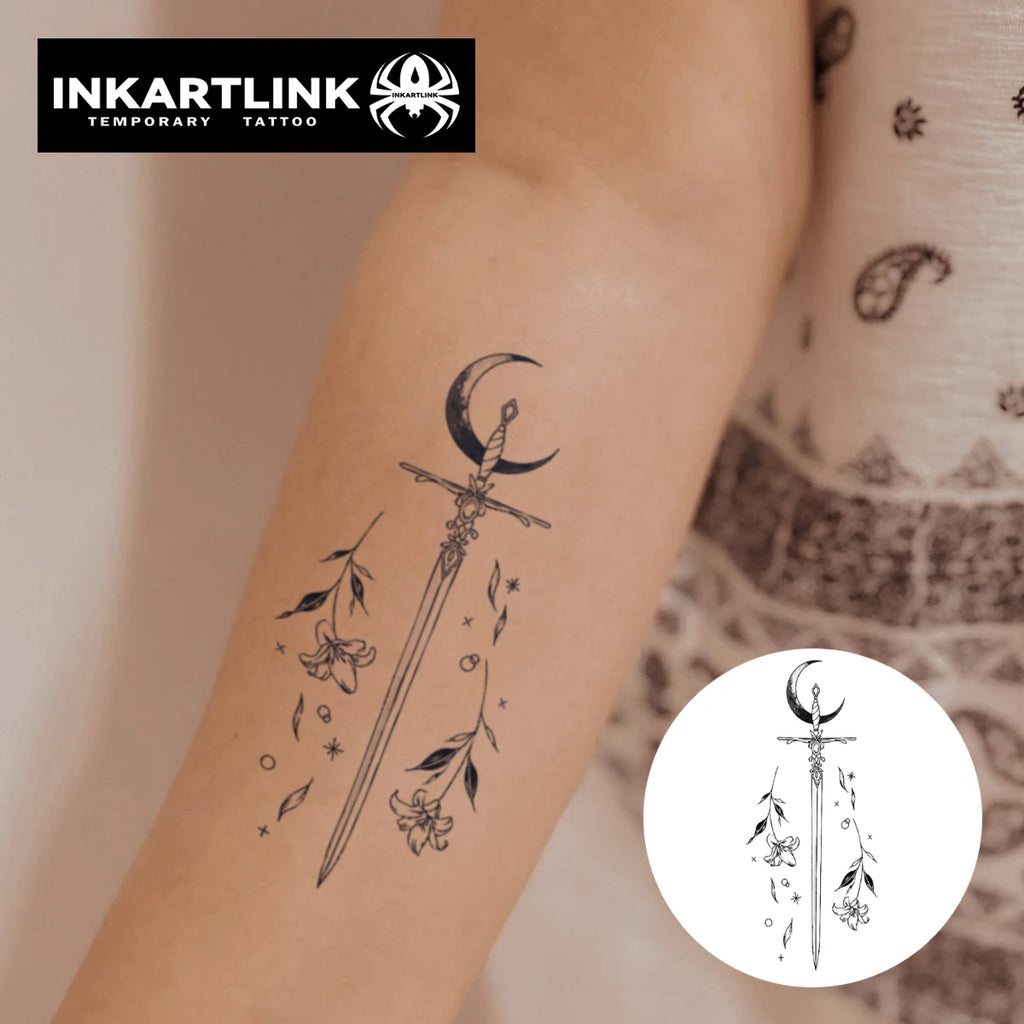 Moon Sword temporary tattoo sticker, waterproof magic tattoo, lasts to 15 days fake tattoo, semi permanent tattoo