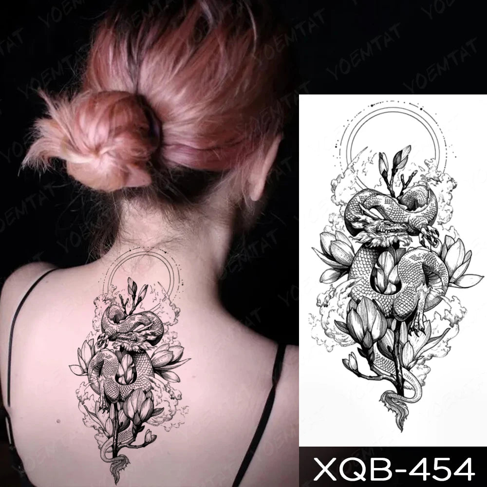 Waterproof Temporary Tattoo Sticker Dragon Snake Rose Flower Dark Style Totem Sexy Body Art Arm Fake Tattoos Sleeve Women Men