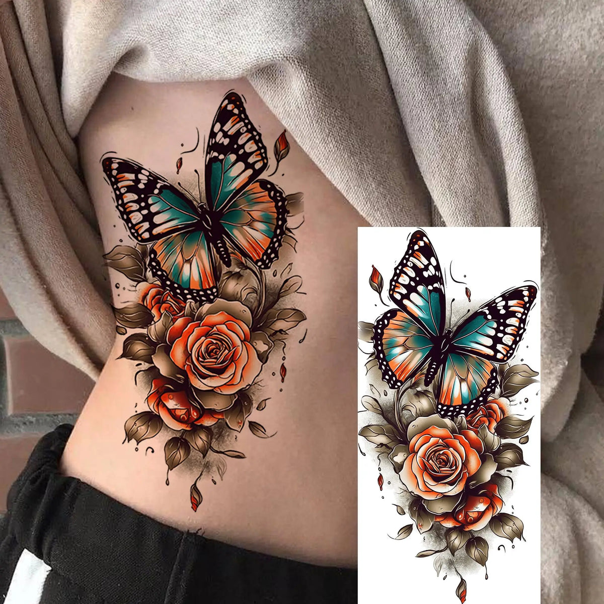 1 Sheet Waterproof Beautiful Butterfly Flowers Temporary Tattoos For Women Girls Tatoos Realistic Fake Tattoos Body Art Stickers