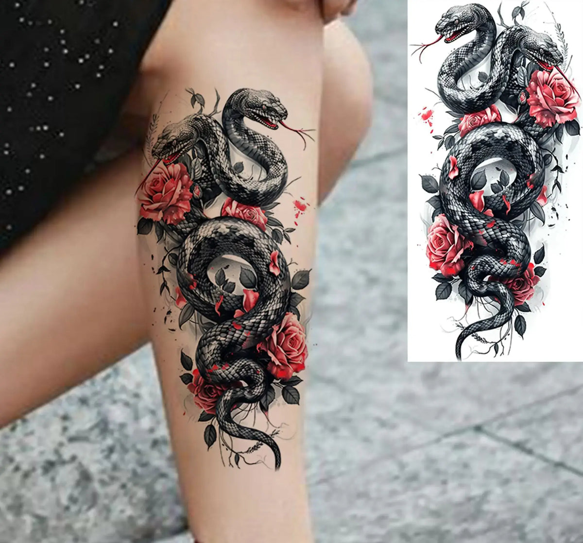 1 Sheet Snake With Rose Flowers Temporary Tattoos For Women Girls Waterproof Realistic Fake Tattoos Long Lasting Arm Leg Sticker