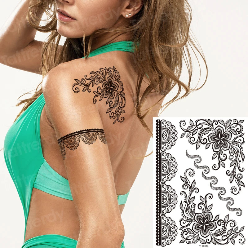 wrist bracelet tattoo henna lace pattern black sexy indian mandala temporary tattoo sticker hand rose tatoo flower jewelry decal