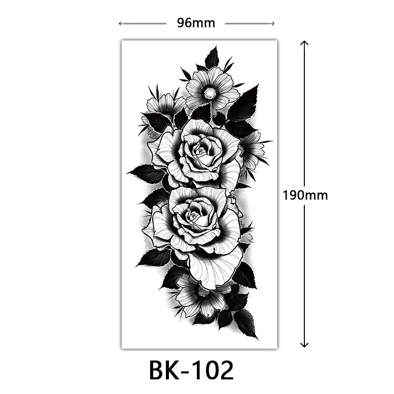 Black Large Flower False Tattoo Sticker For Women Rose Peony Temporary DIY Water Transfer Tattoos Girls Hand Back Body Art