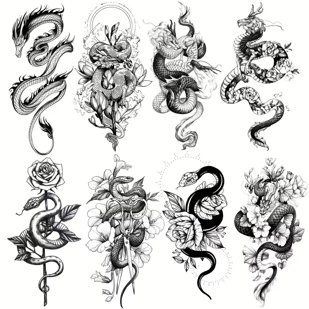 Waterproof Temporary Tattoo Sticker Dragon Snake Rose Flower Dark Style Totem Sexy Body Art Arm Fake Tattoos Sleeve Women Men