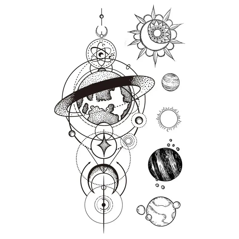 Tattoo Sticker Sun Moon Planet Temporary Waterproof  Flash Makeup Hand Arm Neck Fake Fake Body Art for Men Women