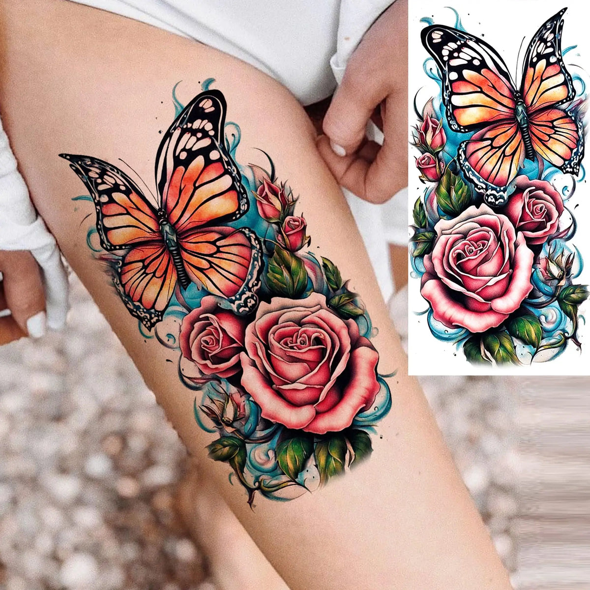 1 Sheet Watercolor Rose Butterfly Temporary Tattoos For Women Realistic Fake Tattoos Waterproof Body Art Tatoo Sticker Last Long