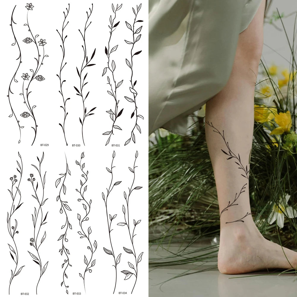 6Pcs Sexy Line Flower Tattoo Stickers, Simple Black Style Flower Temporary Tattoos, Waist, Back, Legs, Body Art Waterproof Tatto