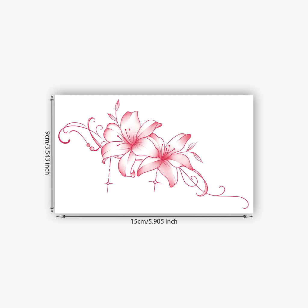Floral Temporary Tattoo Sticker with Stars, Pink Flower Elegant Body Art for Women, Waterproof Fake Tattoo