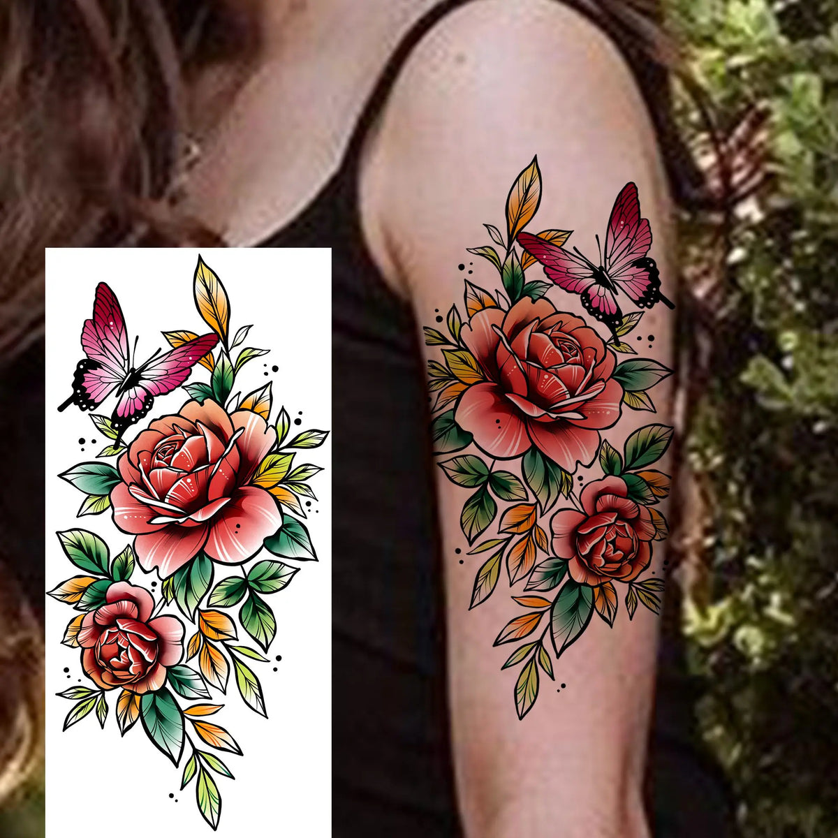 1 Sheet Watercolor Rose Butterfly Temporary Tattoos For Women Realistic Fake Tattoos Waterproof Body Art Tatoo Sticker Last Long