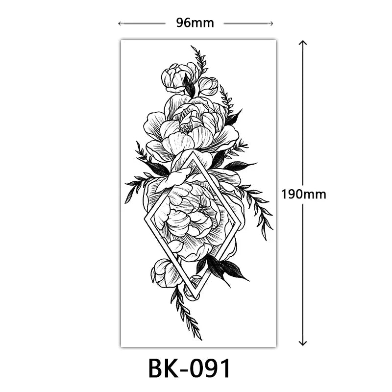 Black Large Flower False Tattoo Sticker For Women Rose Peony Temporary DIY Water Transfer Tattoos Girls Hand Back Body Art