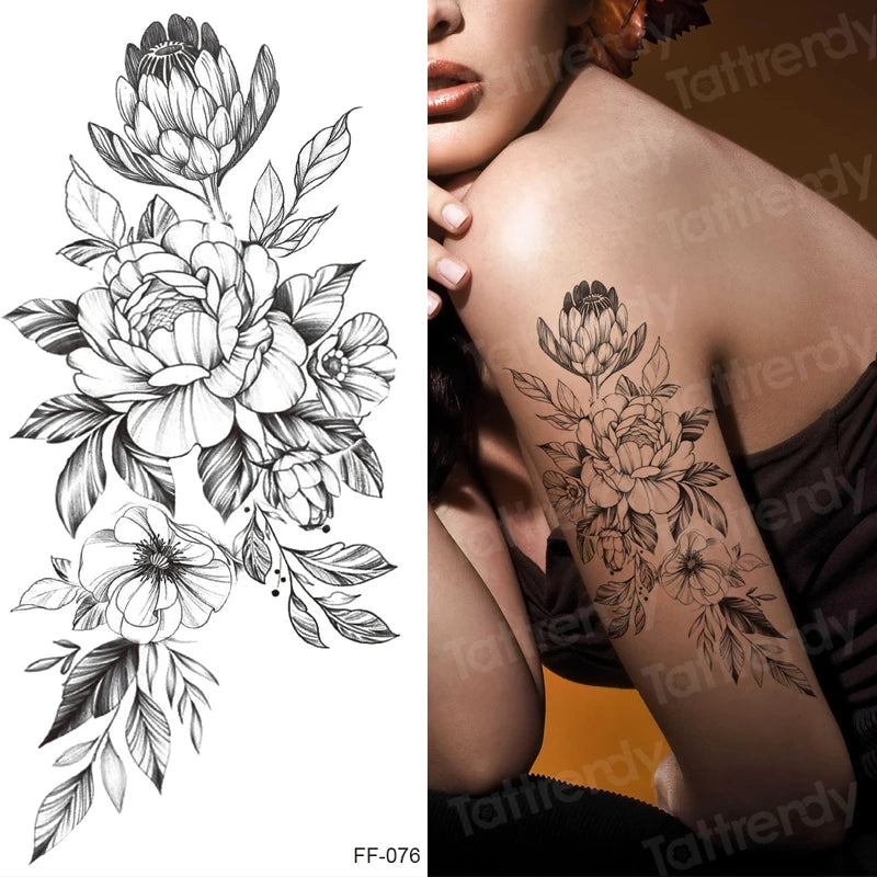 Temporary Tattoo Black Flower Tattoo Sleeves Water Transfer Tatoo Sticker Peony Rose Tattoos Body Art Sexy Tatoo Girl Arm Legs