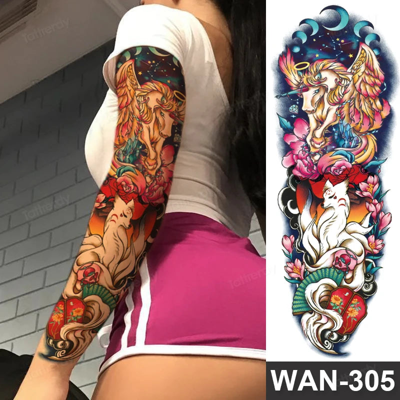 Large Arm Sleeve Tattoo Waterproof Temporary Tattoo Full Arm Body Art Stickers Women Adult Man Tattoo Wolf Lion Head Rose Flower