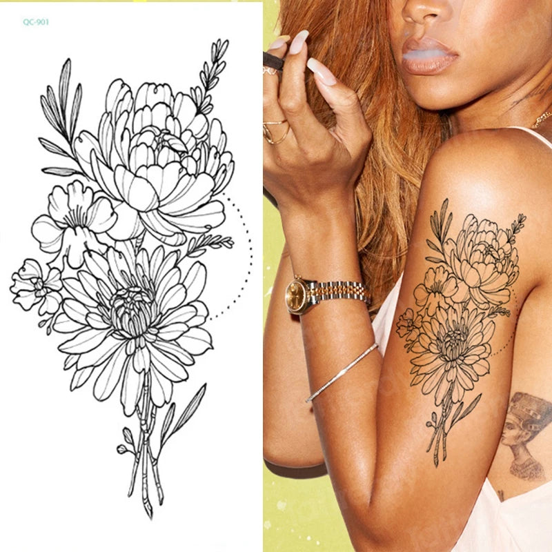 Temporary Tattoo Black Flower Tattoo Sleeves Water Transfer Tatoo Sticker Peony Rose Tattoos Body Art Sexy Tatoo Girl Arm Legs