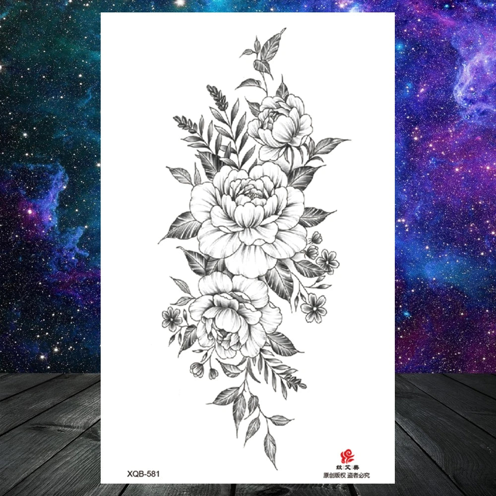 Lotus Flower Temporary Tattoo For Women Girls Snake Peony Lily Rose Chains Tattoos Sticker Black Blossom Fake Transferable Tatoo
