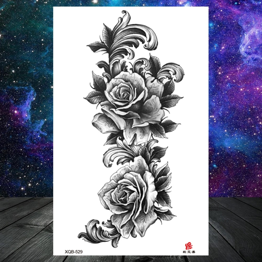Lotus Flower Temporary Tattoo For Women Girls Snake Peony Lily Rose Chains Tattoos Sticker Black Blossom Fake Transferable Tatoo