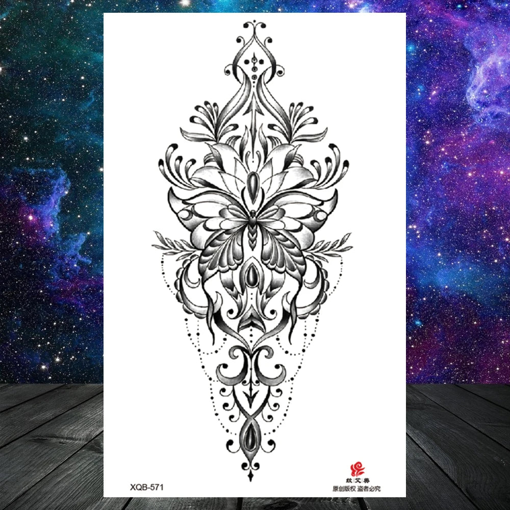 Lotus Flower Temporary Tattoo For Women Girls Snake Peony Lily Rose Chains Tattoos Sticker Black Blossom Fake Transferable Tatoo