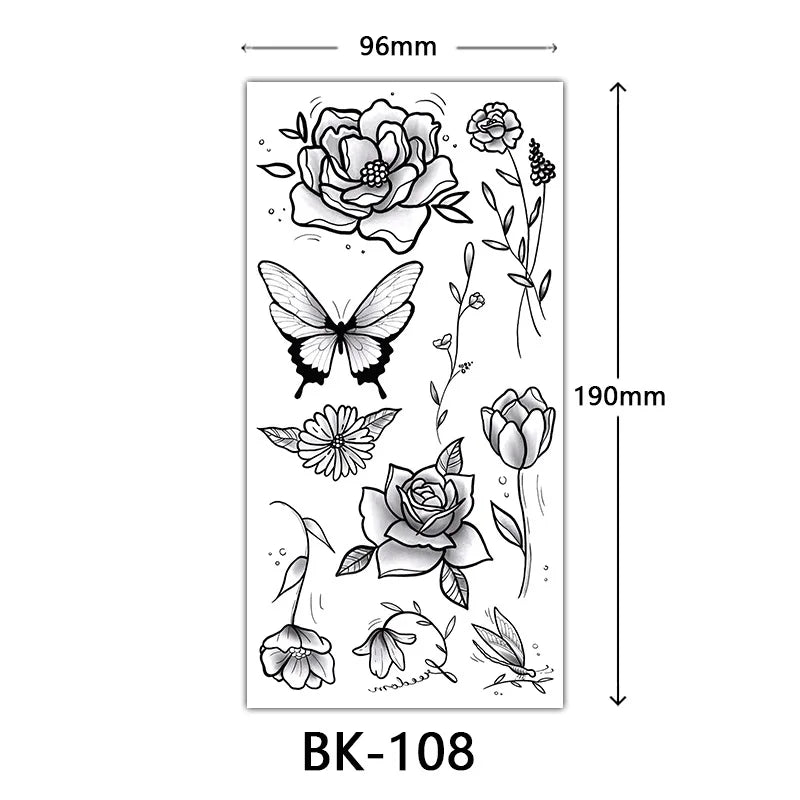 Black Large Flower False Tattoo Sticker For Women Rose Peony Temporary DIY Water Transfer Tattoos Girls Hand Back Body Art