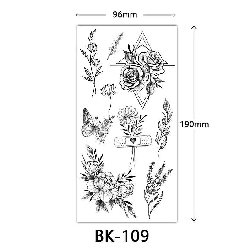 Black Large Flower False Tattoo Sticker For Women Rose Peony Temporary DIY Water Transfer Tattoos Girls Hand Back Body Art