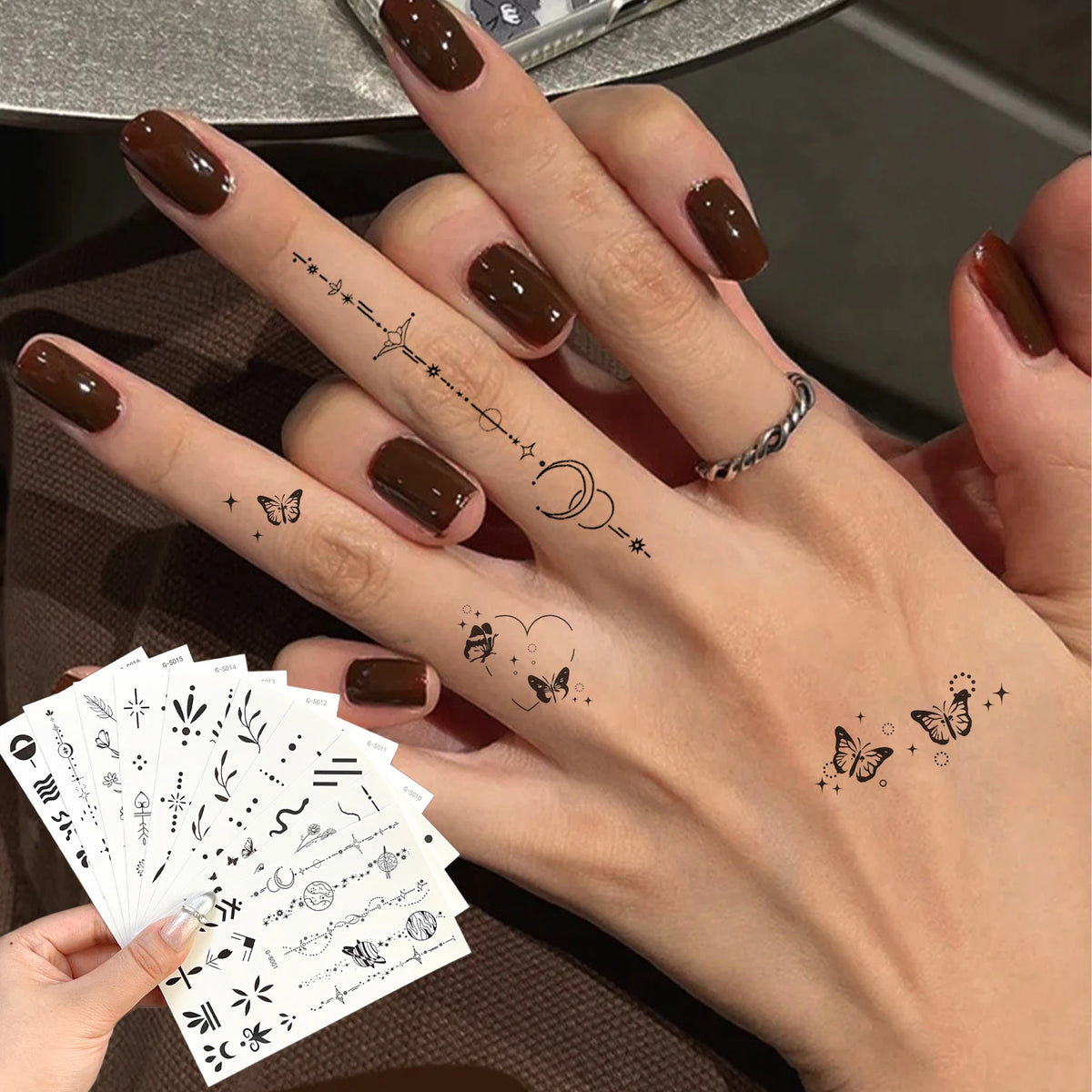 20PCS INS Finger Tattoo Stickers Men Women Realistic Black Series Finger Tattoo Stickers Butterfly Leaf Stars Temporary Tattoos