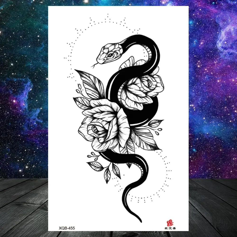 Lotus Flower Temporary Tattoo For Women Girls Snake Peony Lily Rose Chains Tattoos Sticker Black Blossom Fake Transferable Tatoo