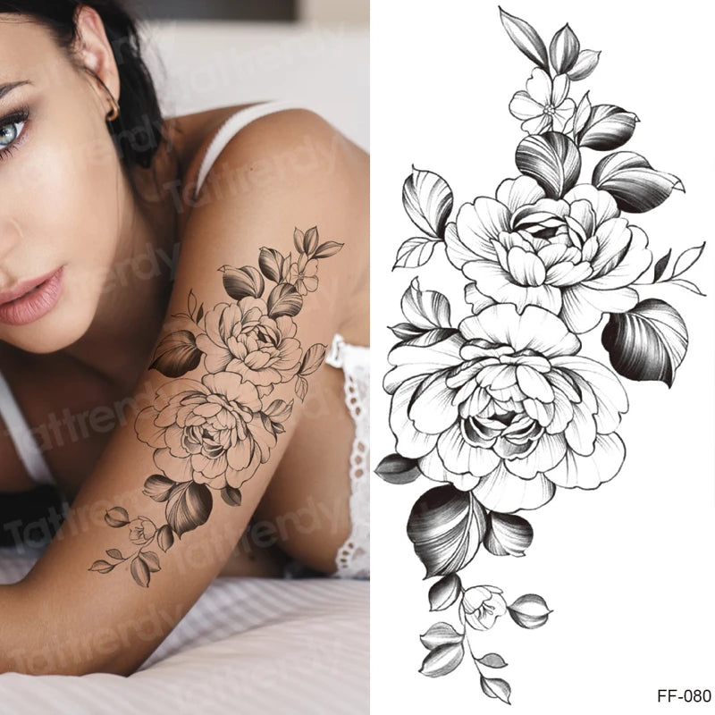 Temporary Tattoo Black Flower Tattoo Sleeves Water Transfer Tatoo Sticker Peony Rose Tattoos Body Art Sexy Tatoo Girl Arm Legs