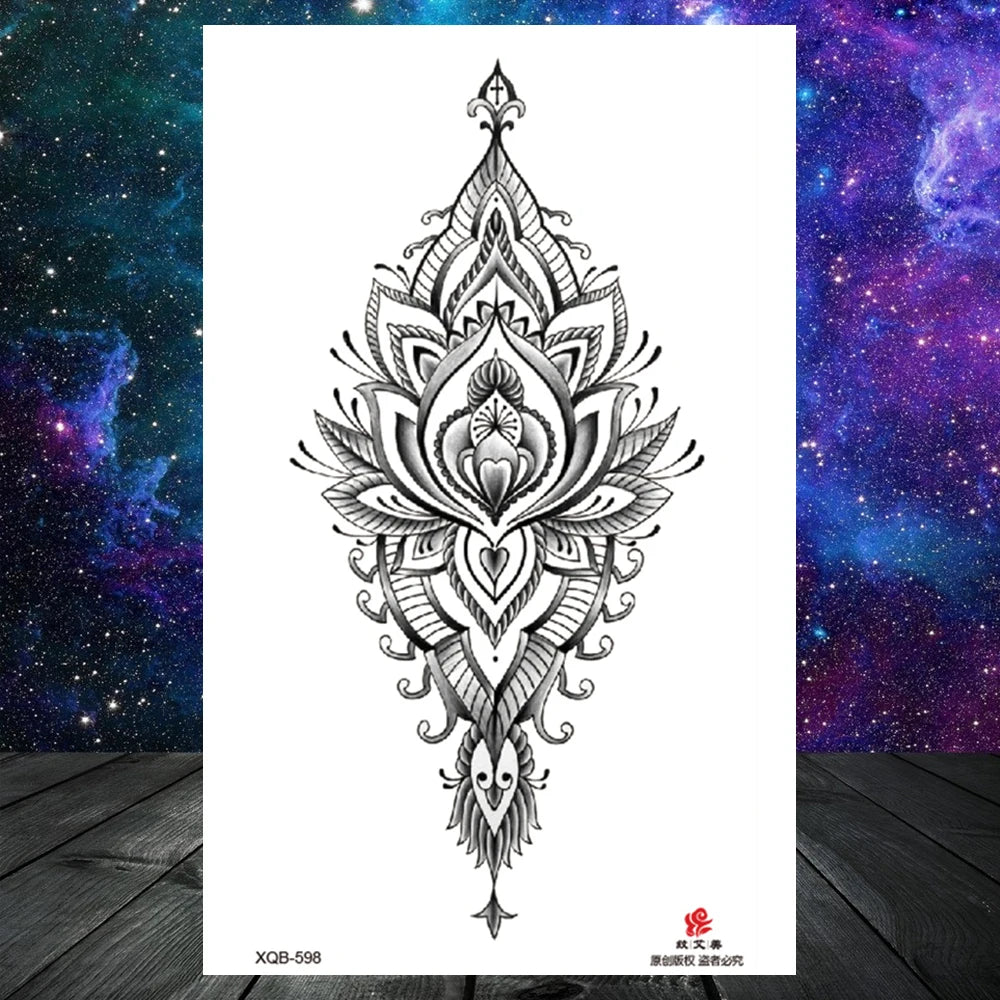 Lotus Flower Temporary Tattoo For Women Girls Snake Peony Lily Rose Chains Tattoos Sticker Black Blossom Fake Transferable Tatoo
