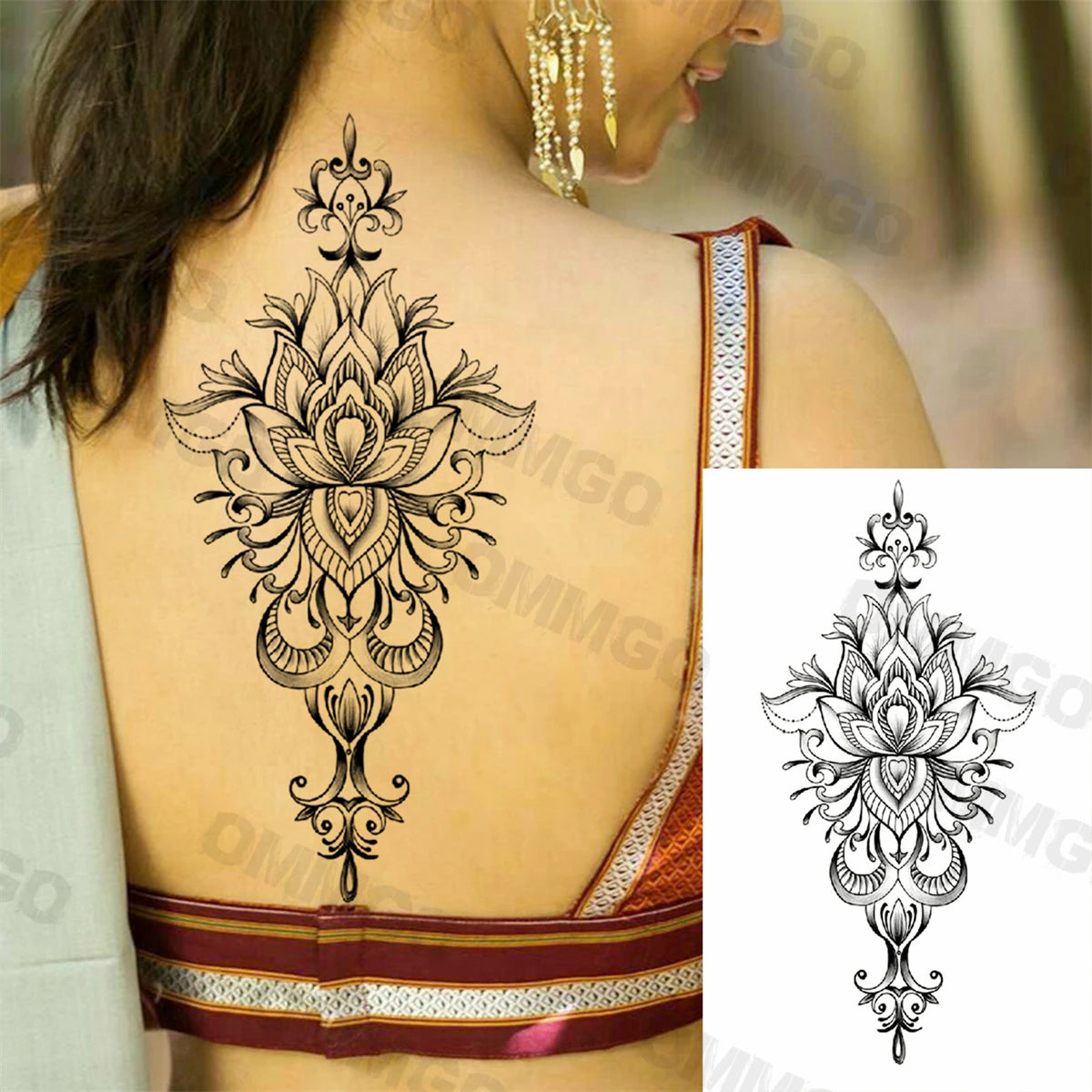 3D Black Mandala Moon Pendant Temporary Tattoos For Women Adult Girl Lotus Rose Flower Fake Tattoo Back Arm Chest Washable Tatoo
