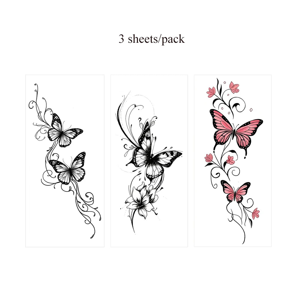 3pcs Butterfly and Flower Tattoo Stickers for Hand Body Art Decor Sexy Temporary Tattoos for Women Men Waterproof Fake Tattoo