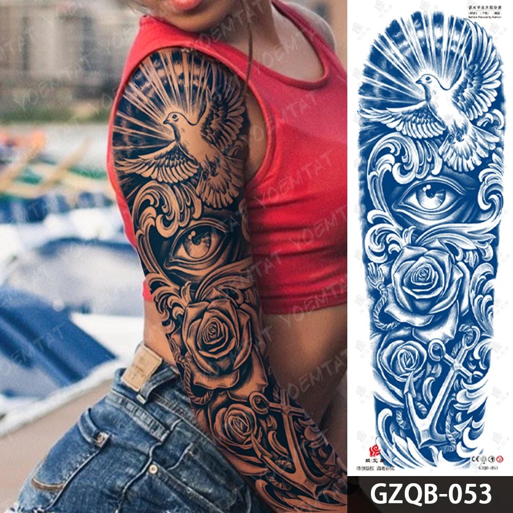 Semi-Permanent Herbal Large Arm Tatto Skull Crown Rose Waterproof Temporary Tattoo Stickers Ink Lasting Fake Tattoos Women Men