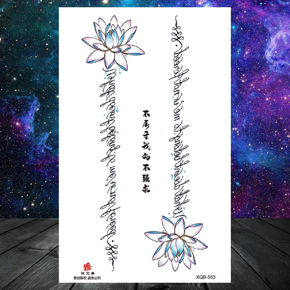 Lotus Flower Temporary Tattoo For Women Girls Snake Peony Lily Rose Chains Tattoos Sticker Black Blossom Fake Transferable Tatoo