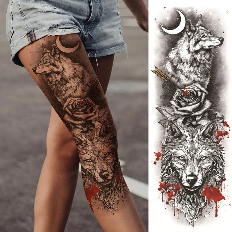 Large Arm Sleeve Tattoo Waterproof Temporary Tattoo Full Arm Body Art Stickers Women Adult Man Tattoo Wolf Lion Head Rose Flower