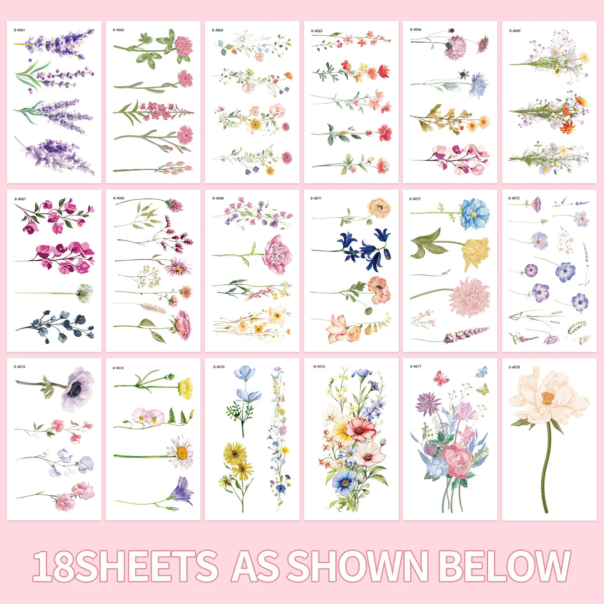 18pcs Watercolor Floral Temporary Tattoos for Women – Realistic Lavender, Rose, Daisy & Wildflower Body Art Stickers, Waterproof