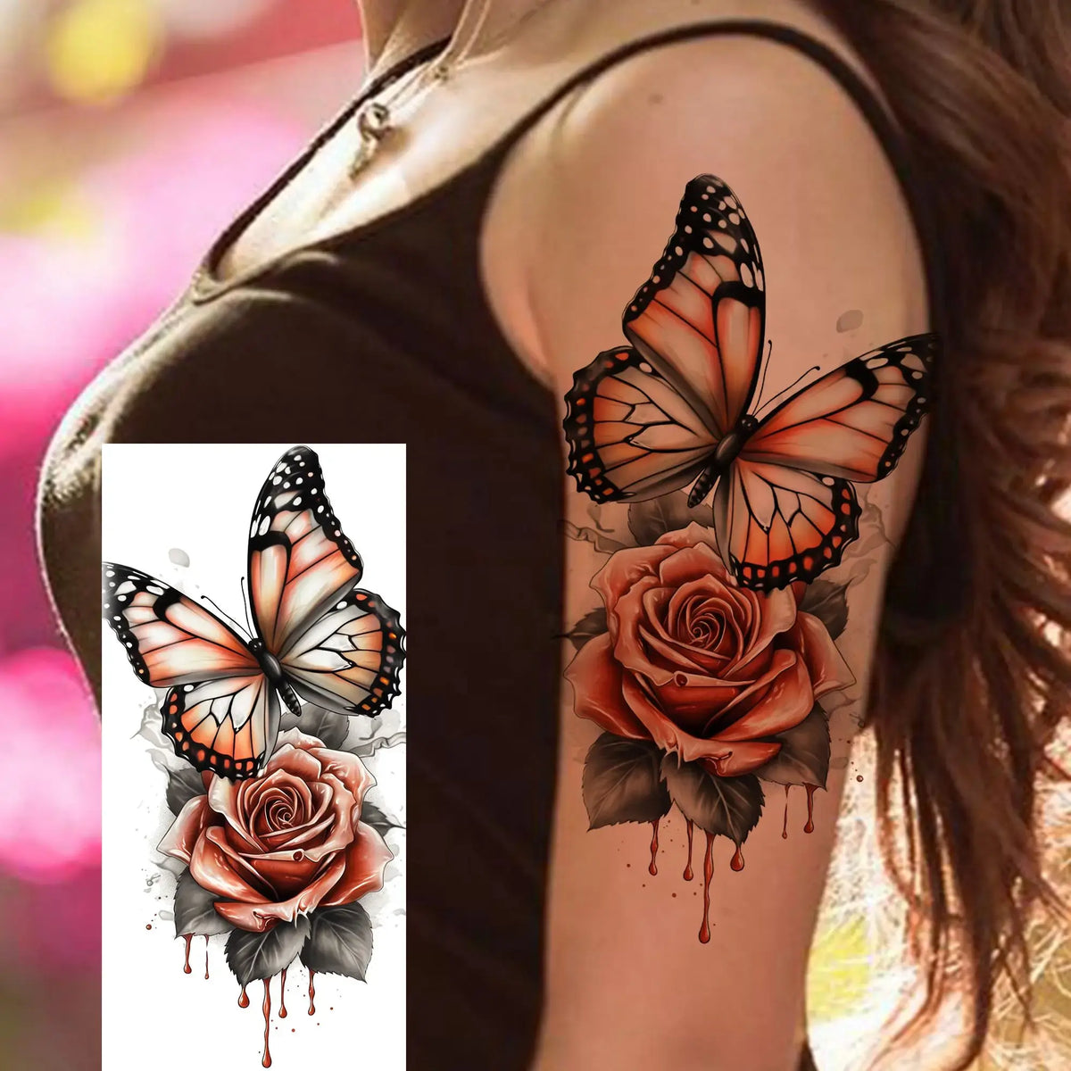1 Sheet Watercolor Rose Butterfly Temporary Tattoos For Women Realistic Fake Tattoos Waterproof Body Art Tatoo Sticker Last Long