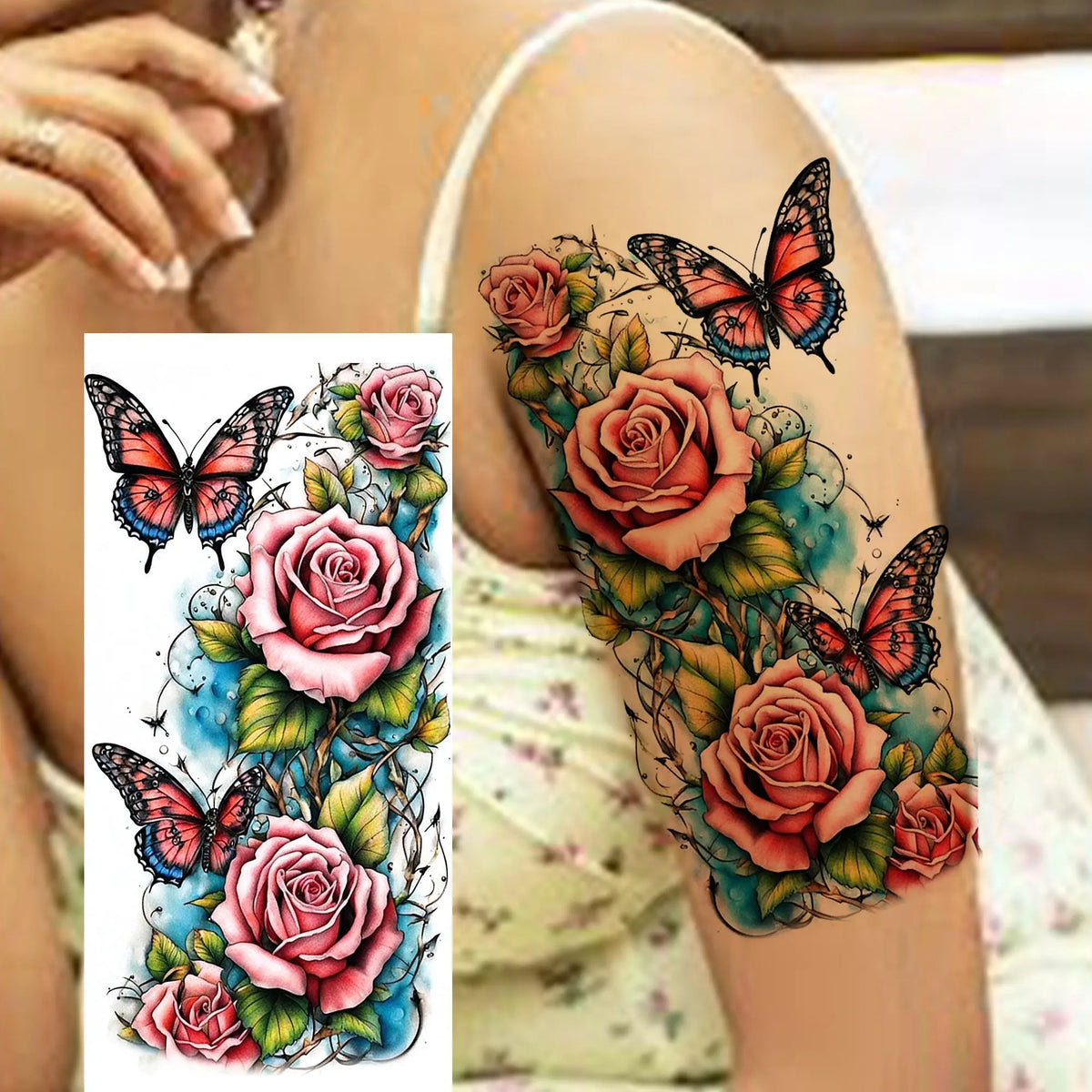 1 Sheet Watercolor Rose Butterfly Temporary Tattoos For Women Realistic Fake Tattoos Waterproof Body Art Tatoo Sticker Last Long