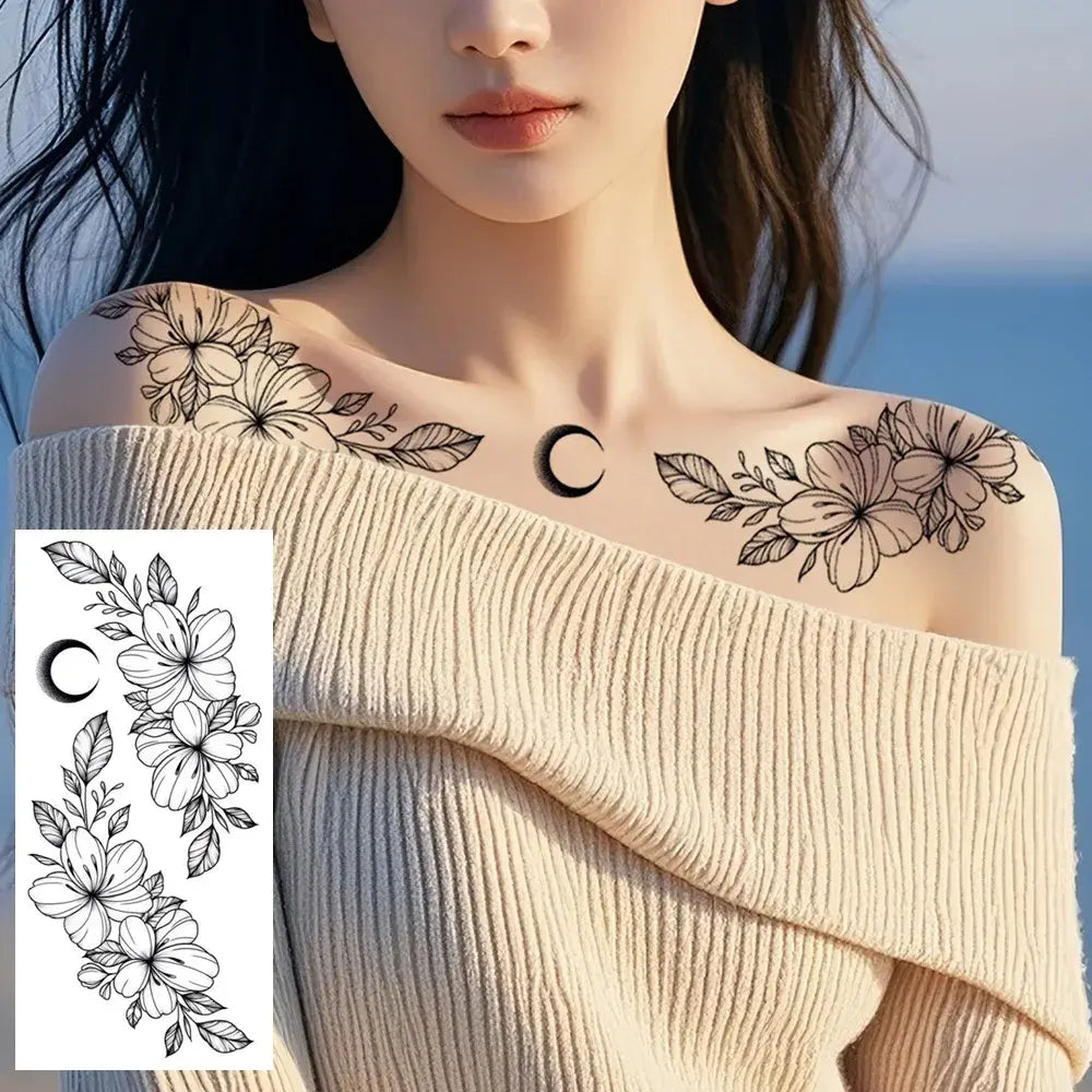 8pcs Realistic Black Rose Peony Temporary Tattoo for Women Waterproof Long-Lasting Floral Sketch Stickers for Arms Legs Body Art
