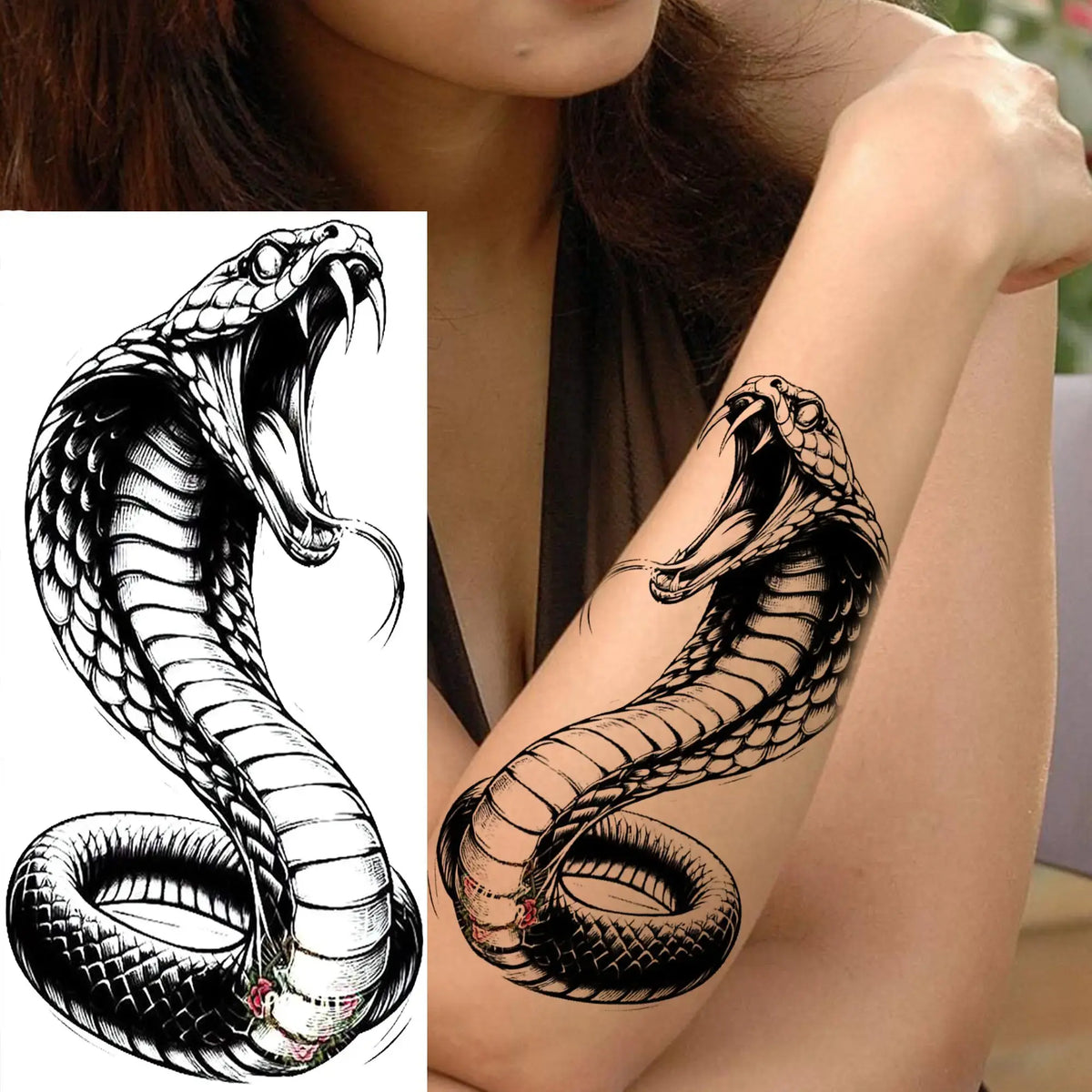 1 Sheet Snake With Rose Flowers Temporary Tattoos For Women Girls Waterproof Realistic Fake Tattoos Long Lasting Arm Leg Sticker