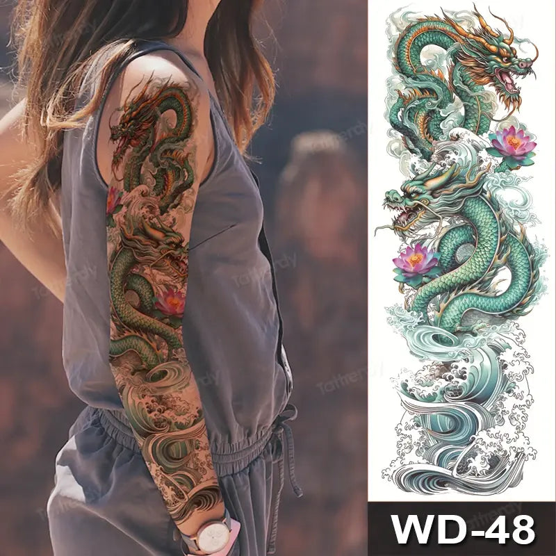 Large Arm Sleeve Tattoo Waterproof Temporary Tattoo Full Arm Body Art Stickers Women Adult Man Tattoo Wolf Lion Head Rose Flower