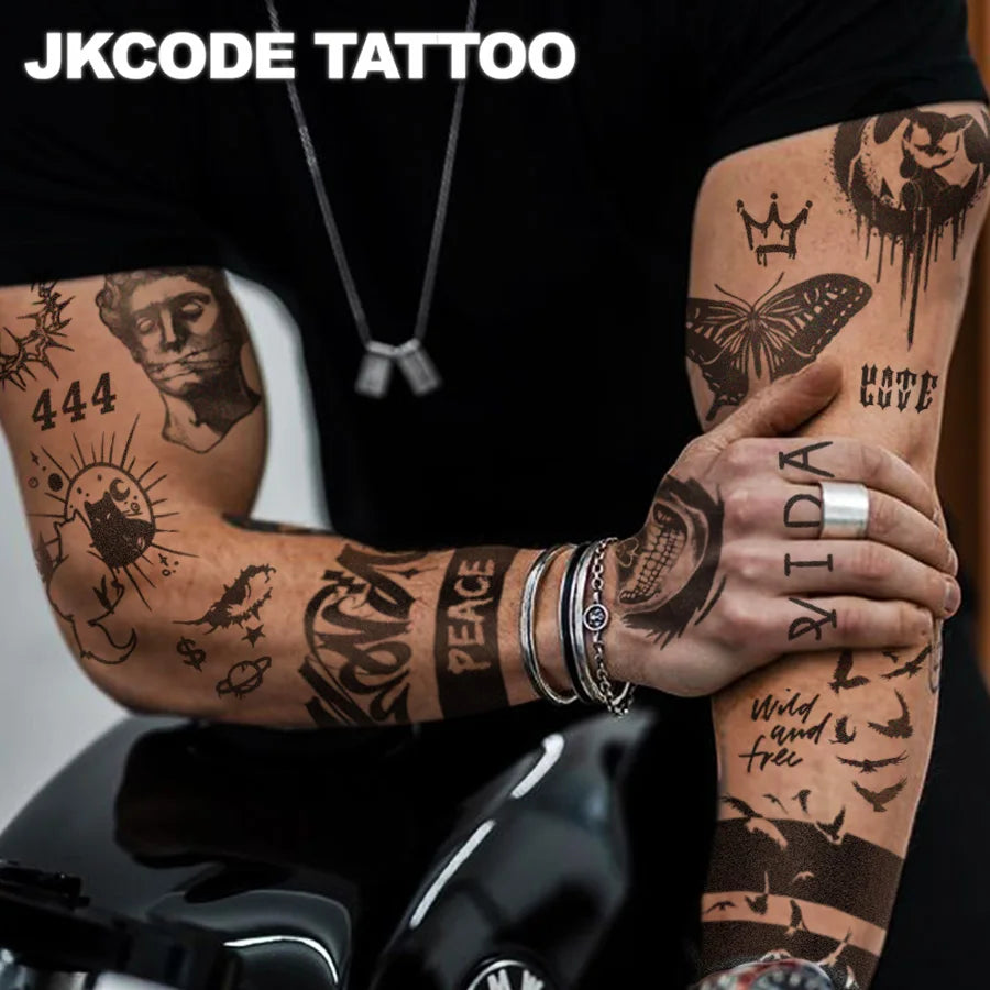 12-piece Viking Totem Temporary Tattoo Stickers |   Black Little Devil Oldschool Skull Line Thorn Flower Arm Tattoo Sticker |   Gothic style tattoo |   Arm and leg tattoos |   Men's Waterproof Long-Lasting Body Paint