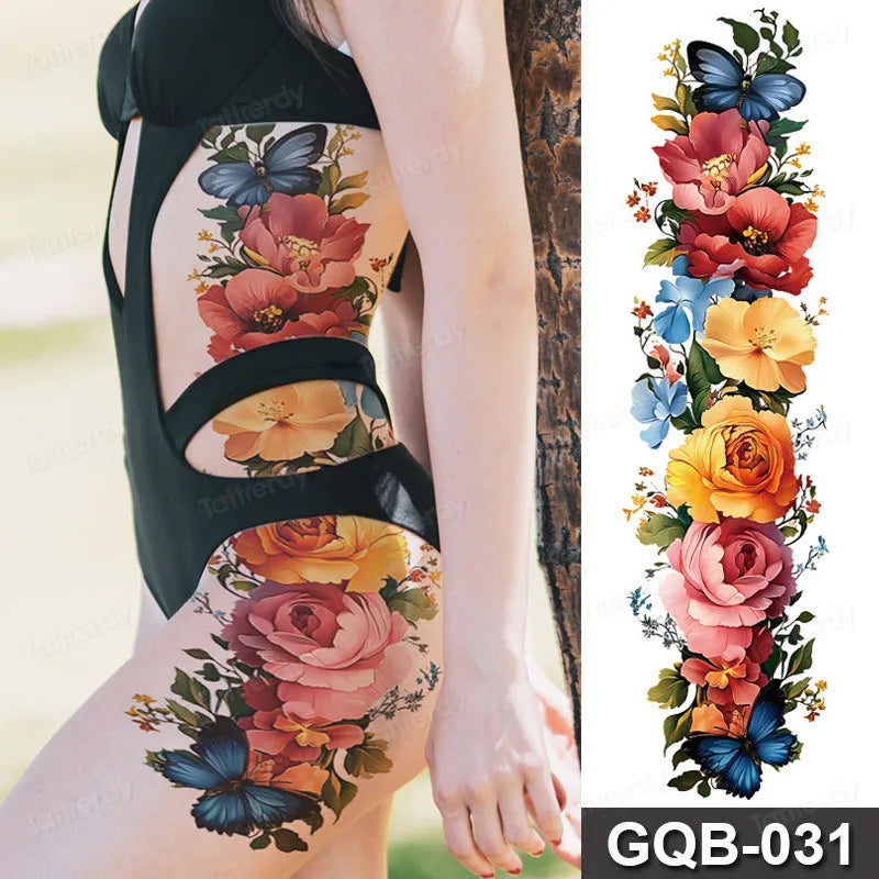 Rose Peony Flower Temporary Tattoo Full Arm Sleeve Leg Thigh Waist Women Body Art Waterproof Tattoo Stickers Large Size 48*17Cm