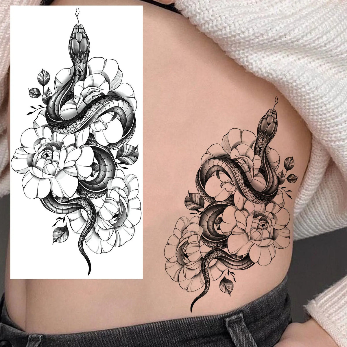 1 Sheet Snake With Rose Flowers Temporary Tattoos For Women Girls Waterproof Realistic Fake Tattoos Long Lasting Arm Leg Sticker