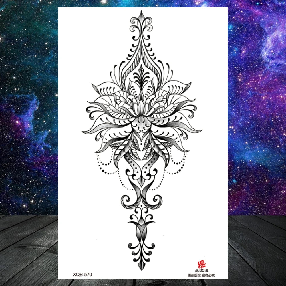 Lotus Flower Temporary Tattoo For Women Girls Snake Peony Lily Rose Chains Tattoos Sticker Black Blossom Fake Transferable Tatoo