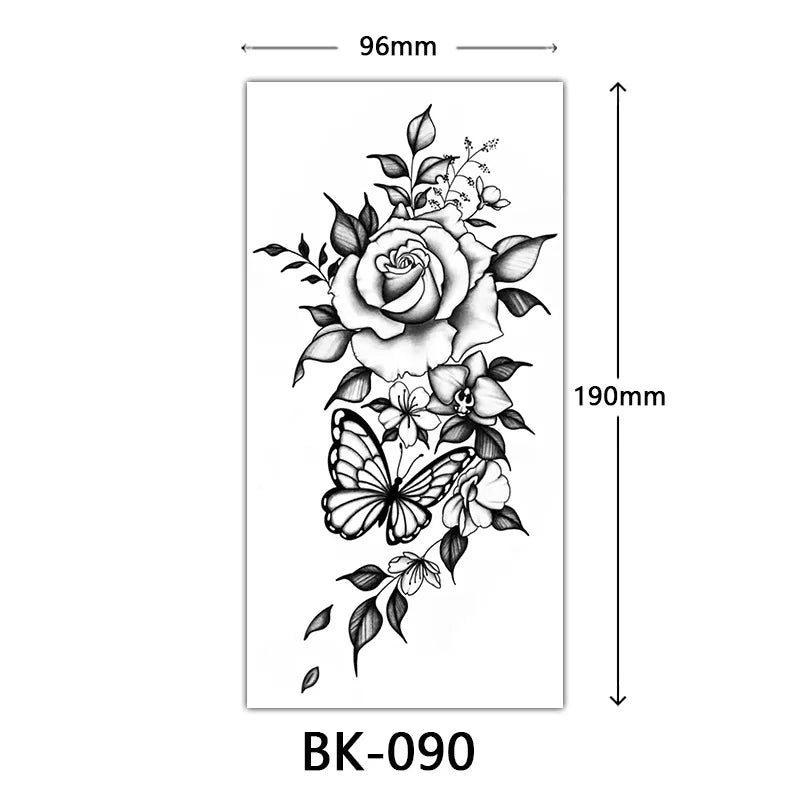 Black Large Flower False Tattoo Sticker For Women Rose Peony Temporary DIY Water Transfer Tattoos Girls Hand Back Body Art