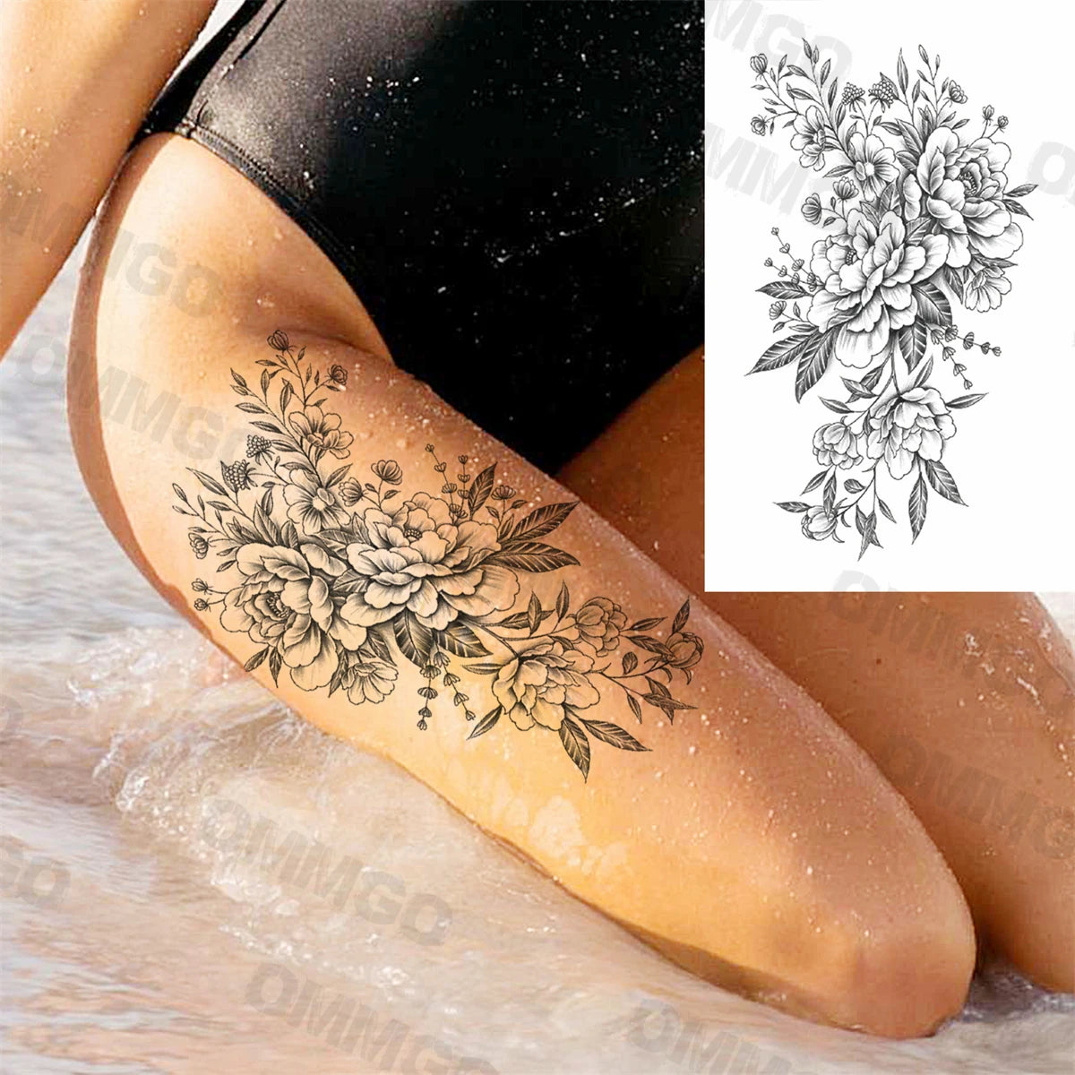 3D Black Mandala Moon Pendant Temporary Tattoos For Women Adult Girl Lotus Rose Flower Fake Tattoo Back Arm Chest Washable Tatoo