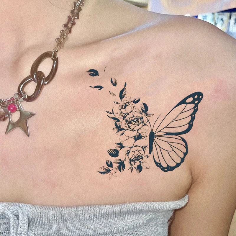 Butterfly and Flower, 1Pc Waterproof Temporary Tattoo Stickers, Long-lasting Waterproof for One to Two Weeks, For Arm, Leg.
