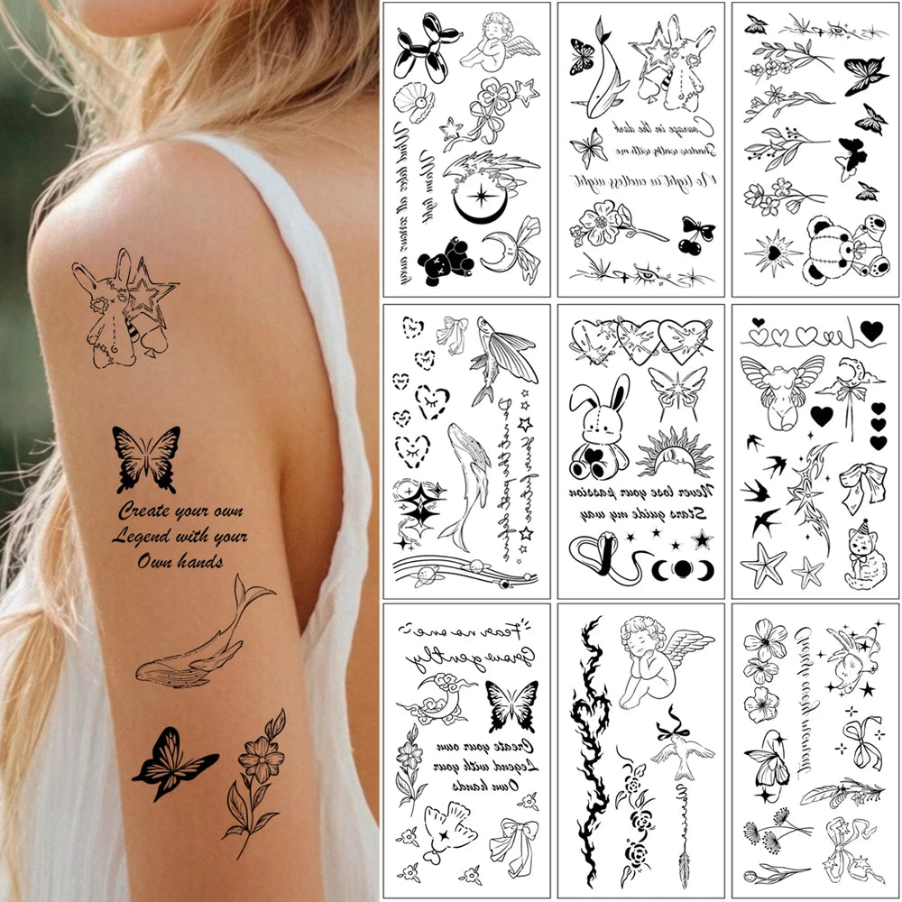 10 Sheets English Letter Fake Tattoo for Women Flower Butterfly Temporary Tattoos for Hand Body Art Moon Star Tattoo Stickers