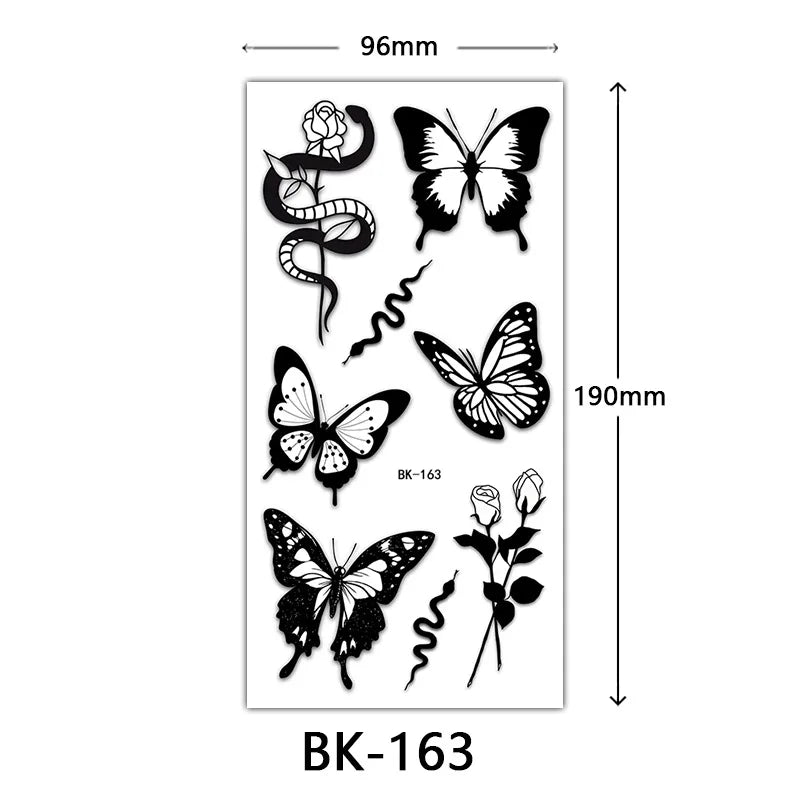 Black Butterfly Temporary Tattoos for Women Men Waterproof Snake Tattoo Stickers for Hand Arm Fake Tattoo Body Decor