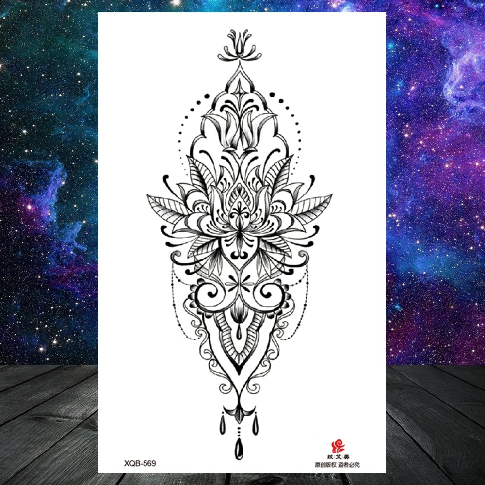 Lotus Flower Temporary Tattoo For Women Girls Snake Peony Lily Rose Chains Tattoos Sticker Black Blossom Fake Transferable Tatoo