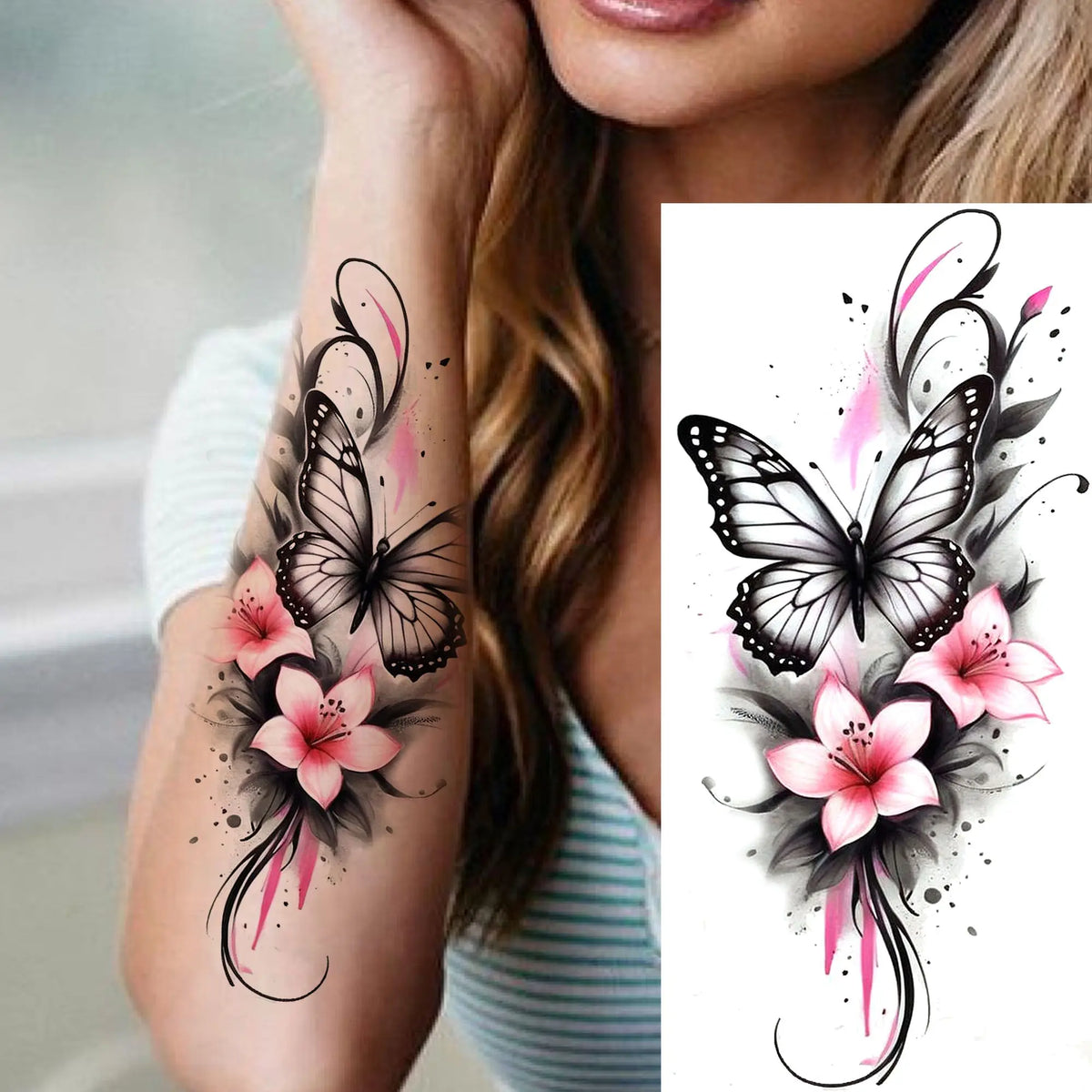 1 Sheet Waterproof Beautiful Butterfly Flowers Temporary Tattoos For Women Girls Tatoos Realistic Fake Tattoos Body Art Stickers